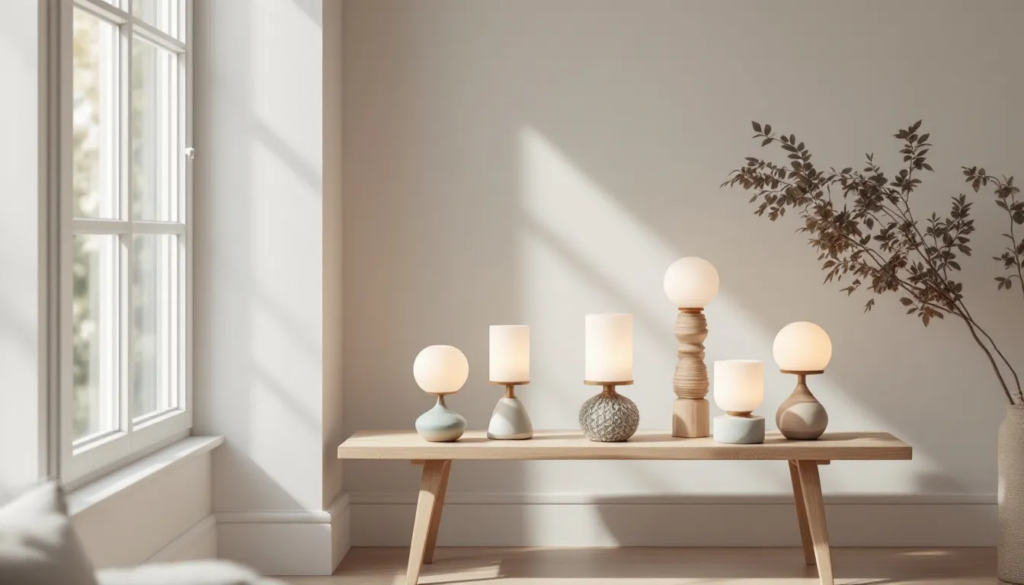 Different types of shabbat lamps displayed together.