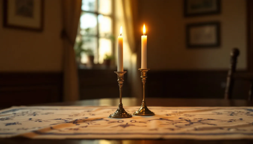 A serene setting with lit shabbat candles on a table.