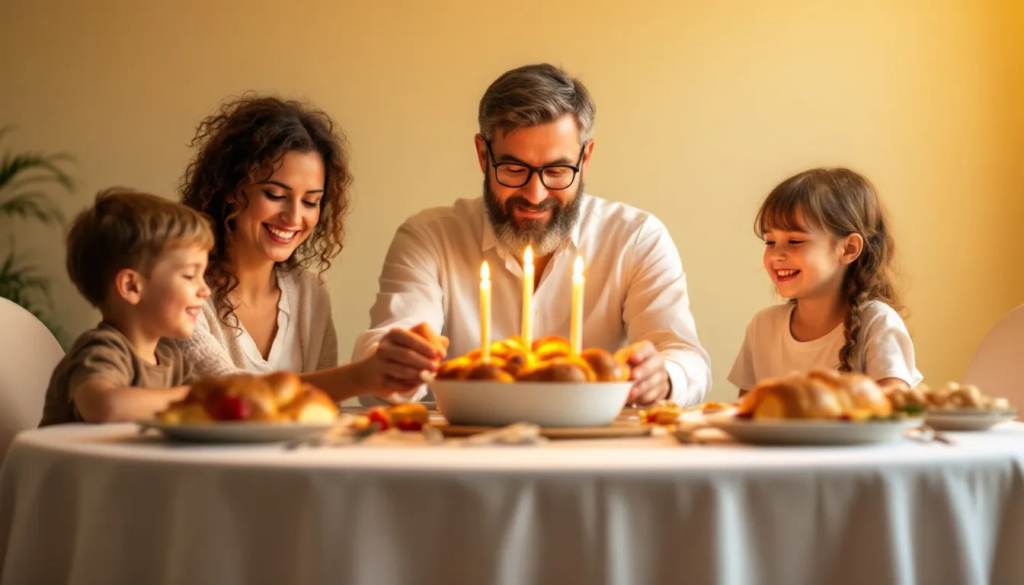 A warm family gathering around a table with shabbat candles.