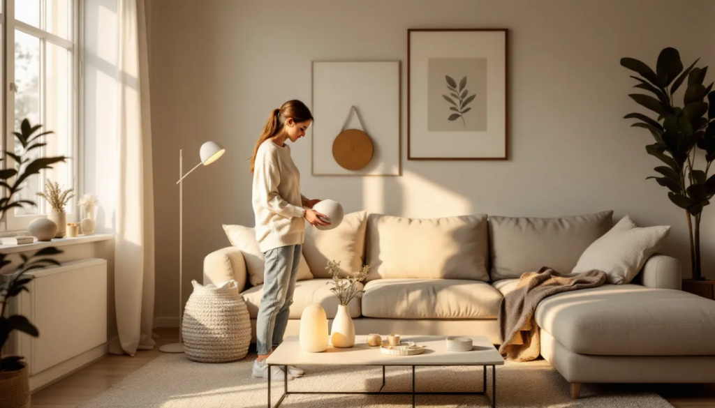 A person setting up a shabbos lamp in a living room.
