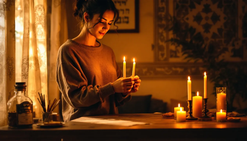 A person lighting shabbat candles in a cozy home environment.