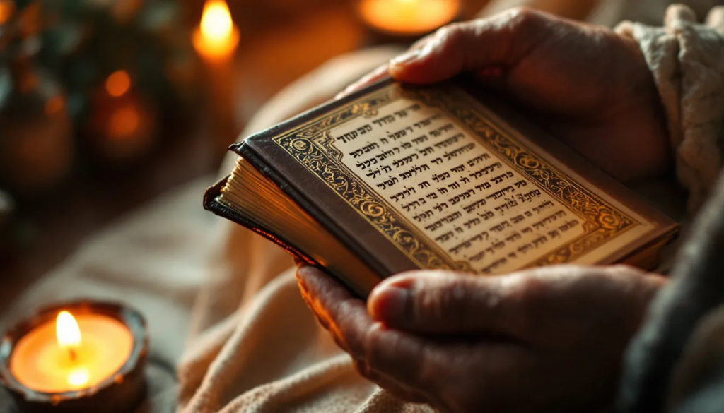 A close-up of hands holding a prayer book next to lit shabbat candles.